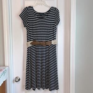 Perceptions Navy And White Geometric Print Dress with Belt